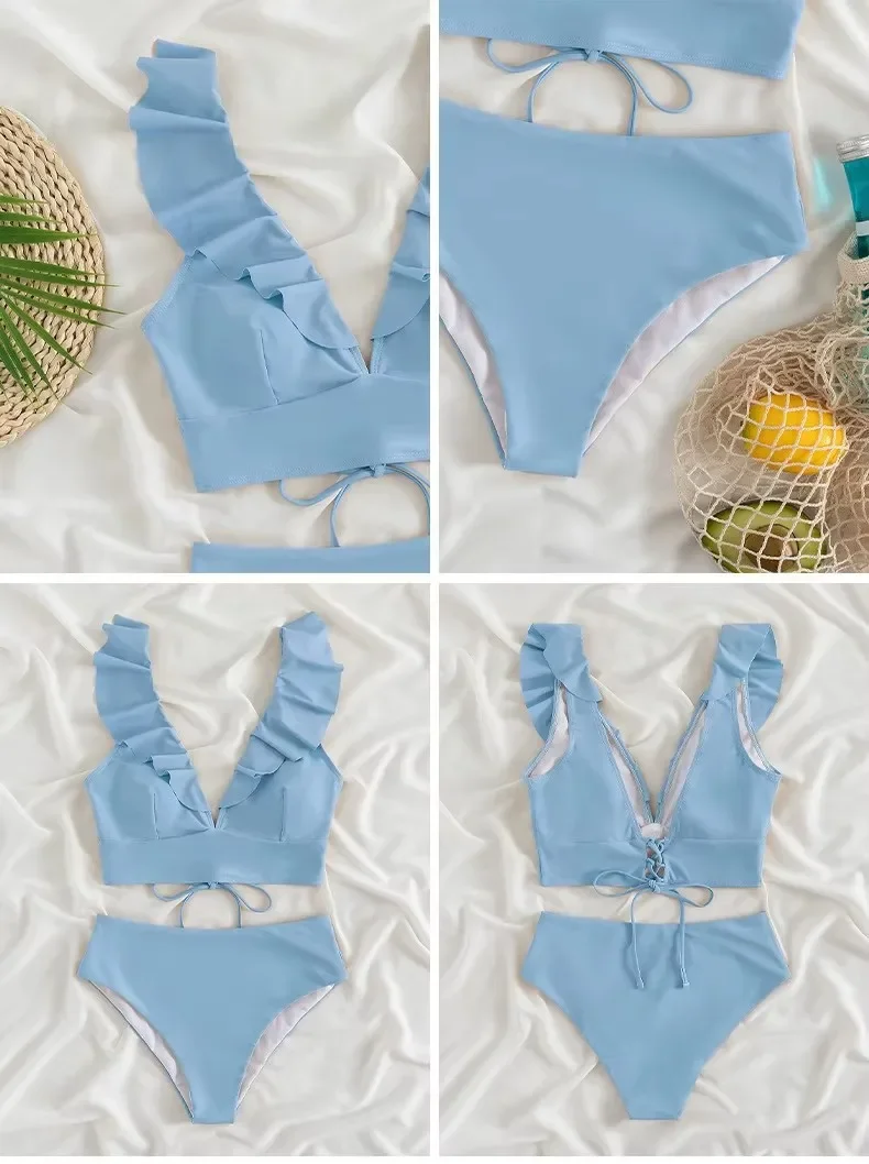 Женский комплект бикини из двух предметов, сексуальный купальник, модный купальник-бикини с рюшами, женский купальный костюм, летняя пляжная одежда, одежда