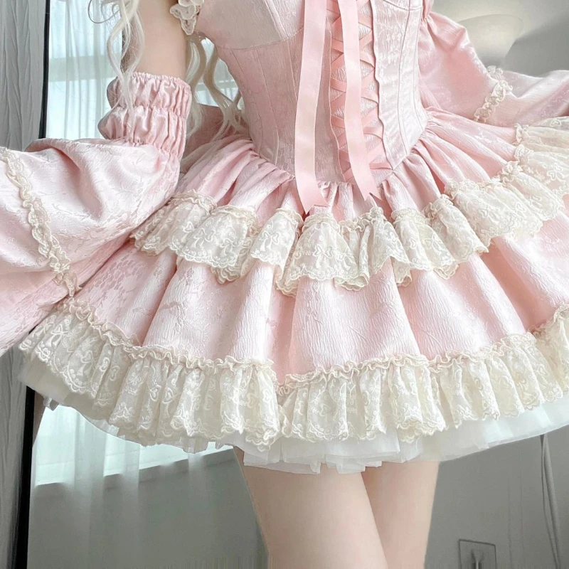 النمط الياباني الحلو لطيف فستان جرلي دعوى النساء Kawaii الخصر الربط الحمالات منتفخ فستان سليم بلا أكمام الوردي قطعتين مجموعة