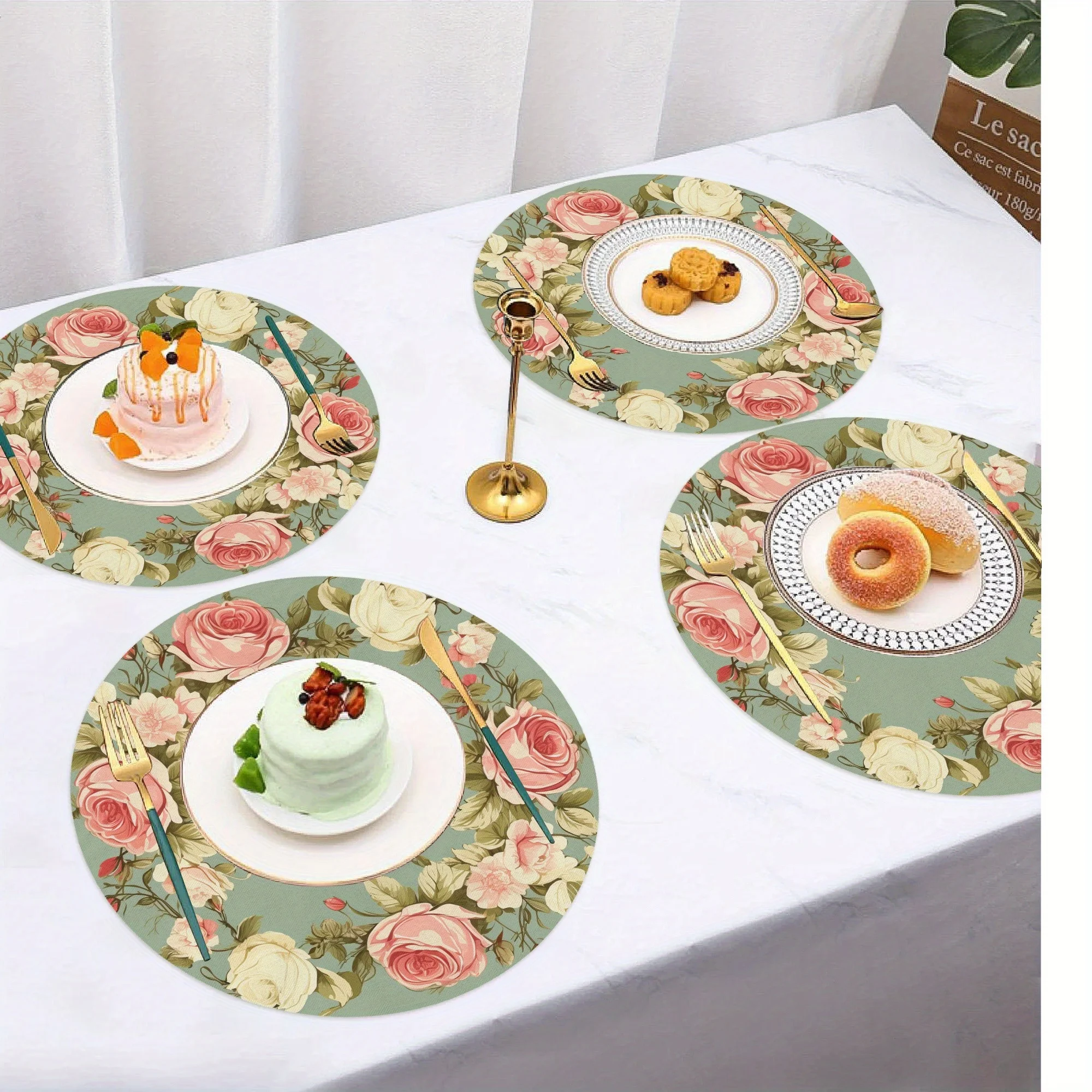 VIKAMA 4/6/8/10PCS Vintage Floral Round Placemats Elegant Dining Room Decor Table Mats Kitchen Coasters Home Decor