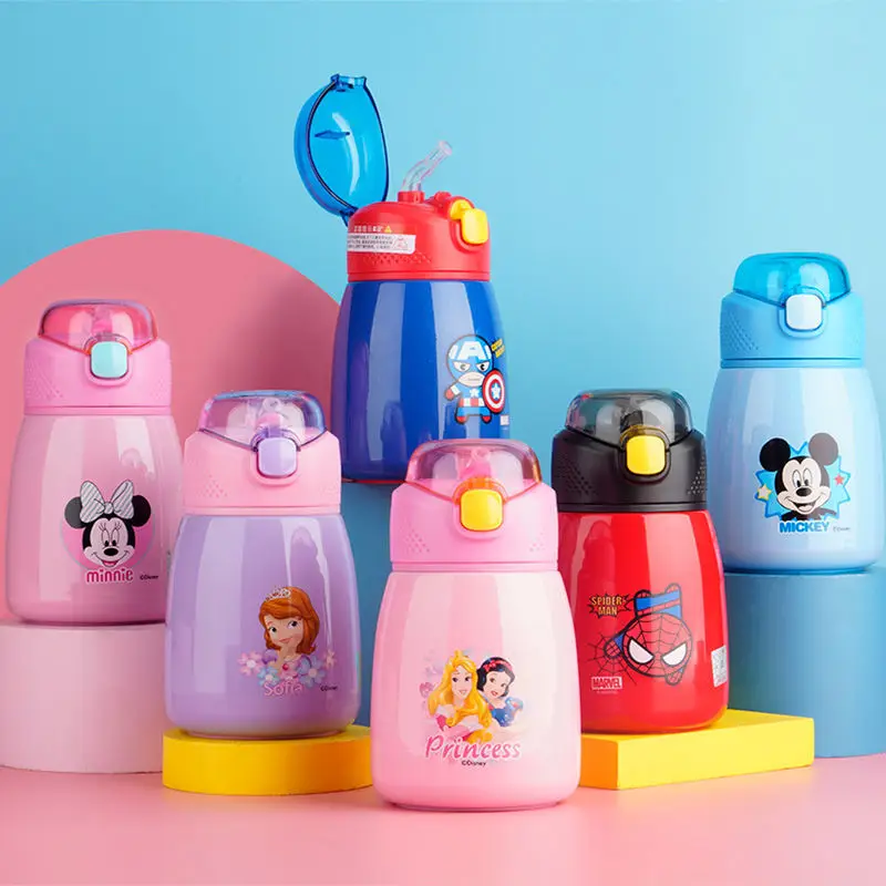 

350Ml Mickey Minnie Kids Thermos Mug MARVEL Spider-Man Stainless Steel Vacuum Flasks for baby Children water cups with straw