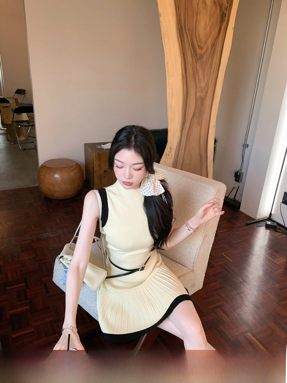 

ThePeachOfficial Color Blo Knitted Slim Fit Vest And Skirt Set Women's Faion Commute Sle High Collar Svel Dr