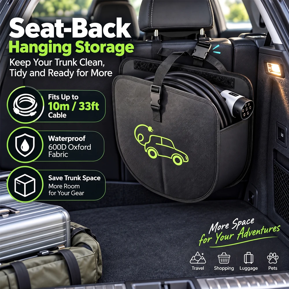 EV Charging Cable Bag Car Storage Organizer Seat Back Hanging 10M Wire Waterproof Oxford Pouch Trunk Organiser Electric Vehicle