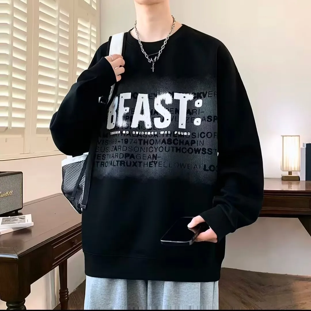 2026 New White Sweatshirts For Men Japannese Style Cool Print Sweatshirt Trendy Cartoon Long Sleeve Loose Tees Men's Clothing