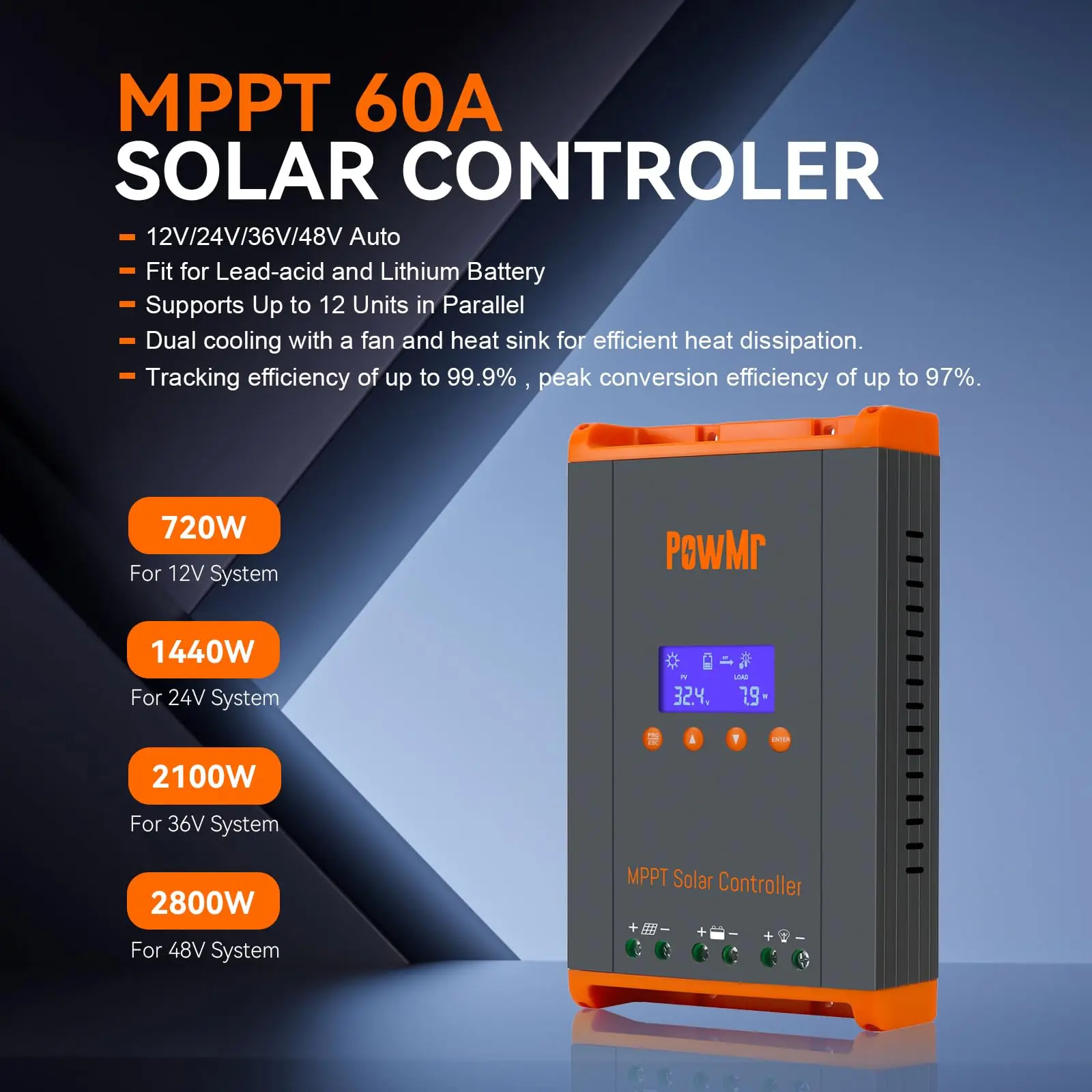 PowMr EU 60A MPPT Solar Charge Controller Can Parallel 12PC Charging 12V 24V 36V 48V LifePo4 Battery Max 160VDC Solar Panel