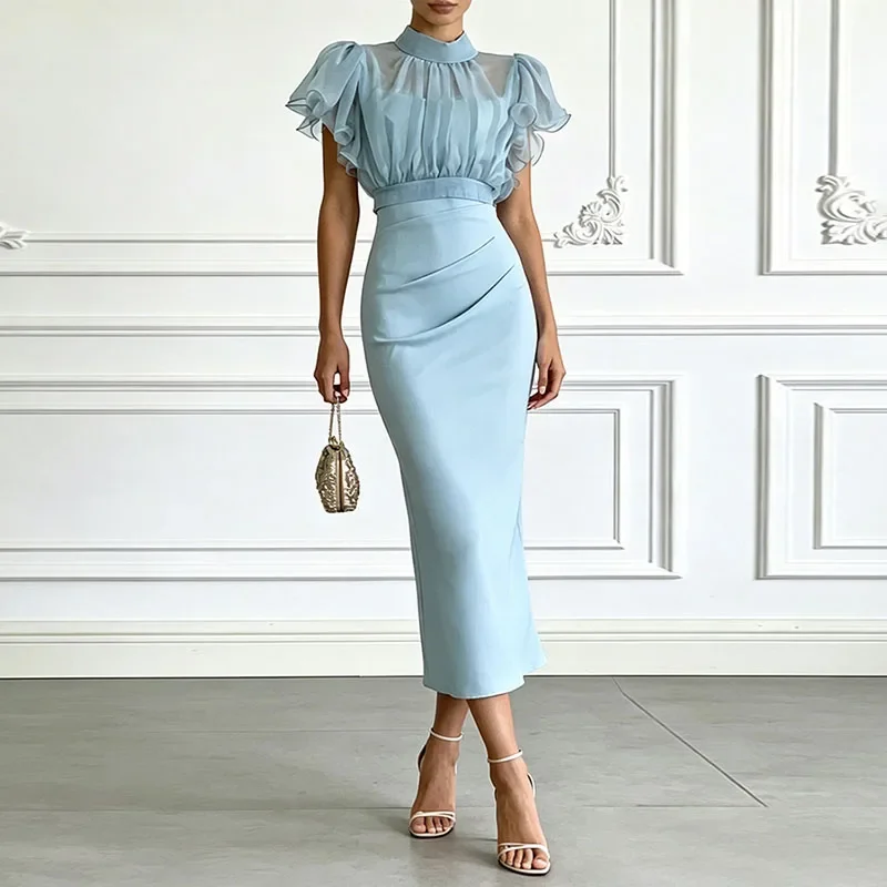 Women Solid 2 Piece Set Stand Collar Ruffle Puff Sleeve Mesh Crop Top & Bodycon Skirt Suits Elegant Wedding Guest Evening Outfit