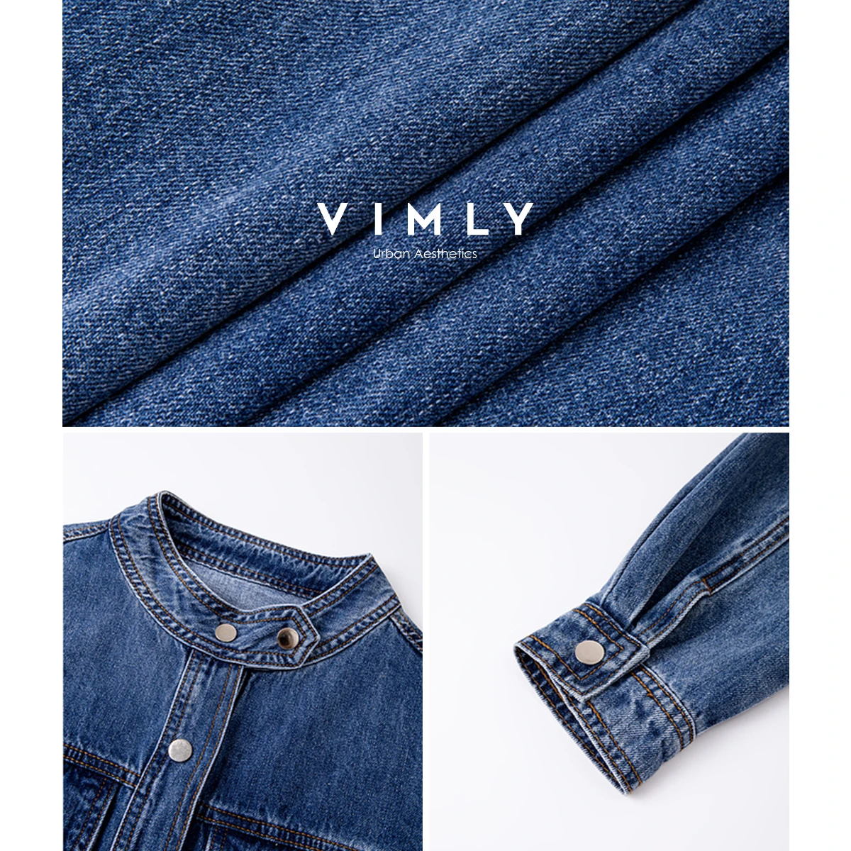 VIMLY Women's Denim Jacket Stand Neck Vintage Autumn 2025 Long Sleeve Button Pocket New in Coats & Jackets Ladies Clothing 75085