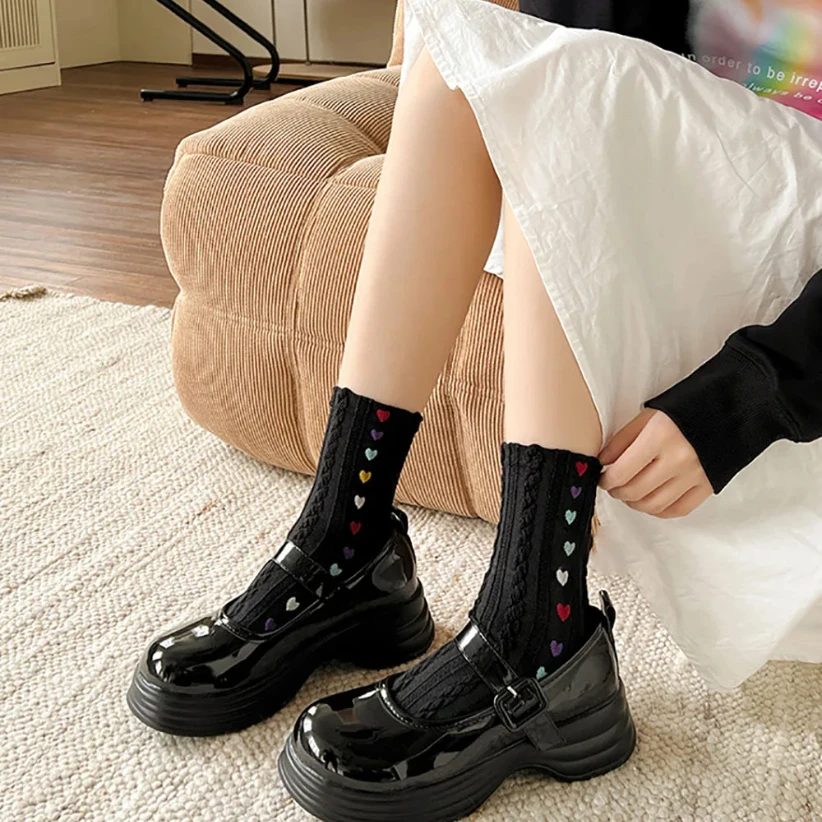 Ins colorido coração trança cinco dedos meias para mulheres primavera outono tubo médio meias de algodão respirável tripulação meias streetwear