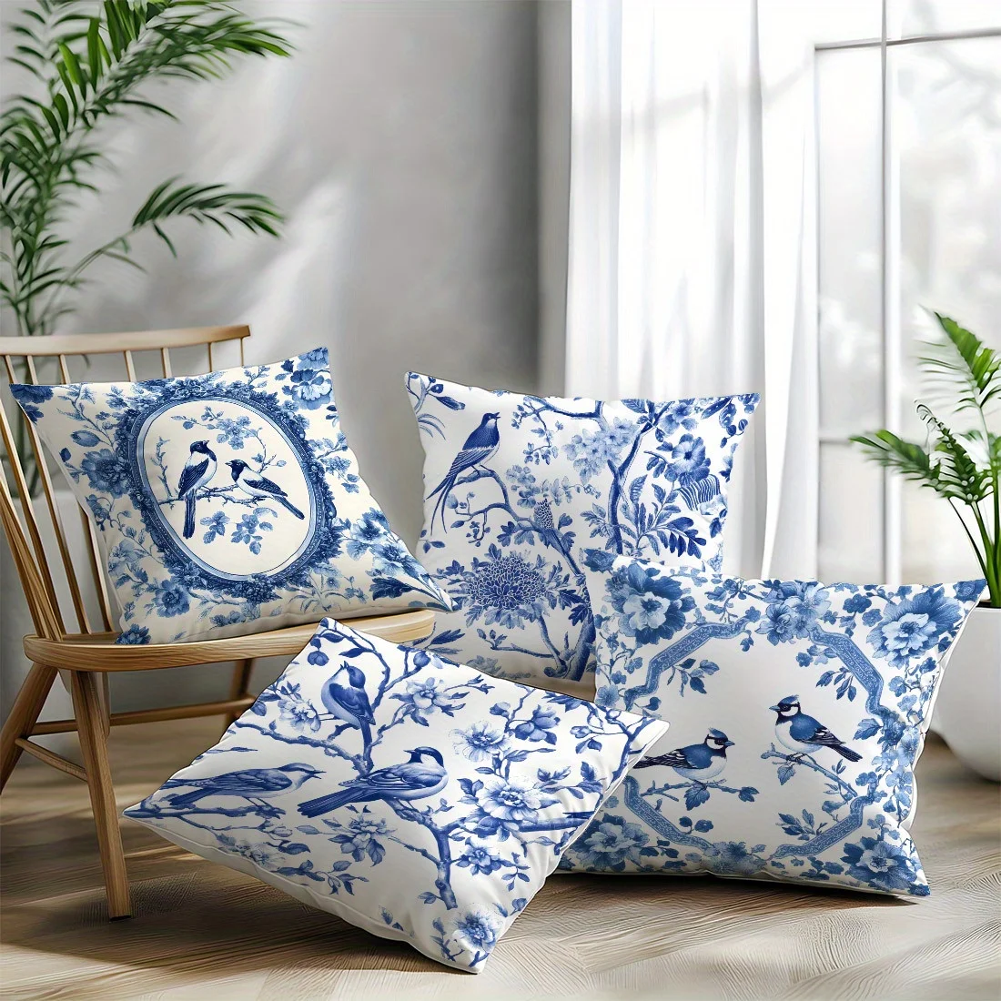 Juego  4 fundas  almohada estilo porcelana azul y blanco con estampado floral y  pájaros, (17.71in X 17.71in / 45cm X 45cm