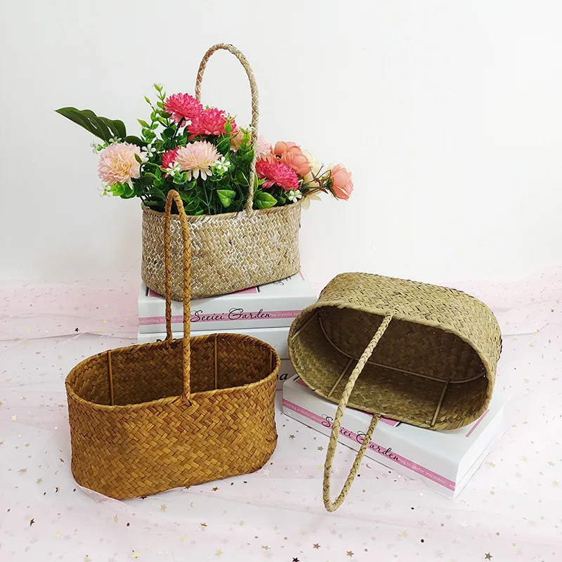 Oval Seaweed Woven Flower Basket Straw Hand-held Flower Pot Home Decoration Garden Ornament Flower Pot Picnic Photo Props