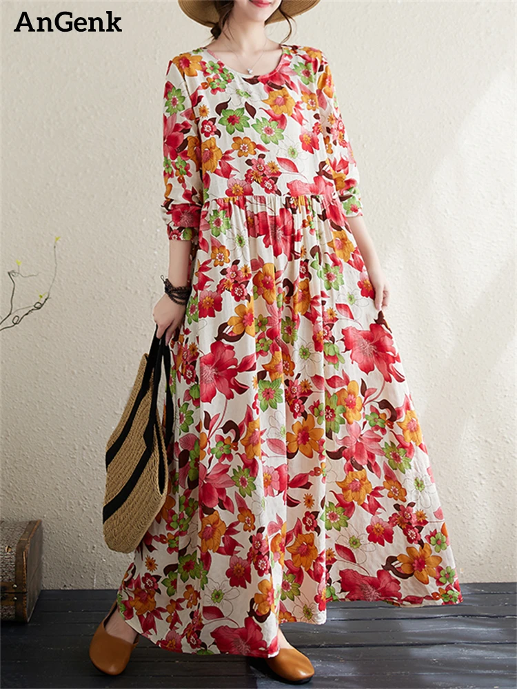 

Cotton Print Floral Vintage Autumn Dresses Women 2023 Spring Casual Long Dress Femme Robe Office Lady Vestidos Elegant Clothing