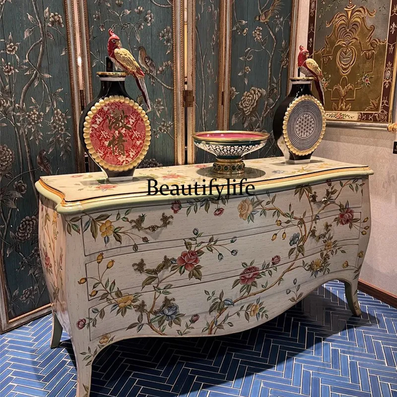 French chest, luxury court style solid wood dining side cabinet, old hand-painted bird-singing flower dresser cabinet