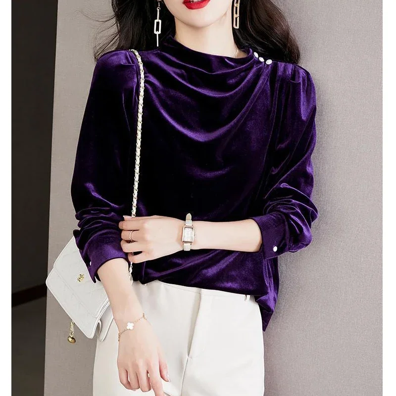 Women French Vintage Purple Elegant Chic Gold Velvet T Shirt Autumn Winter Fashion Ruffled O Neck Long Sleeve Pullover Tops B132