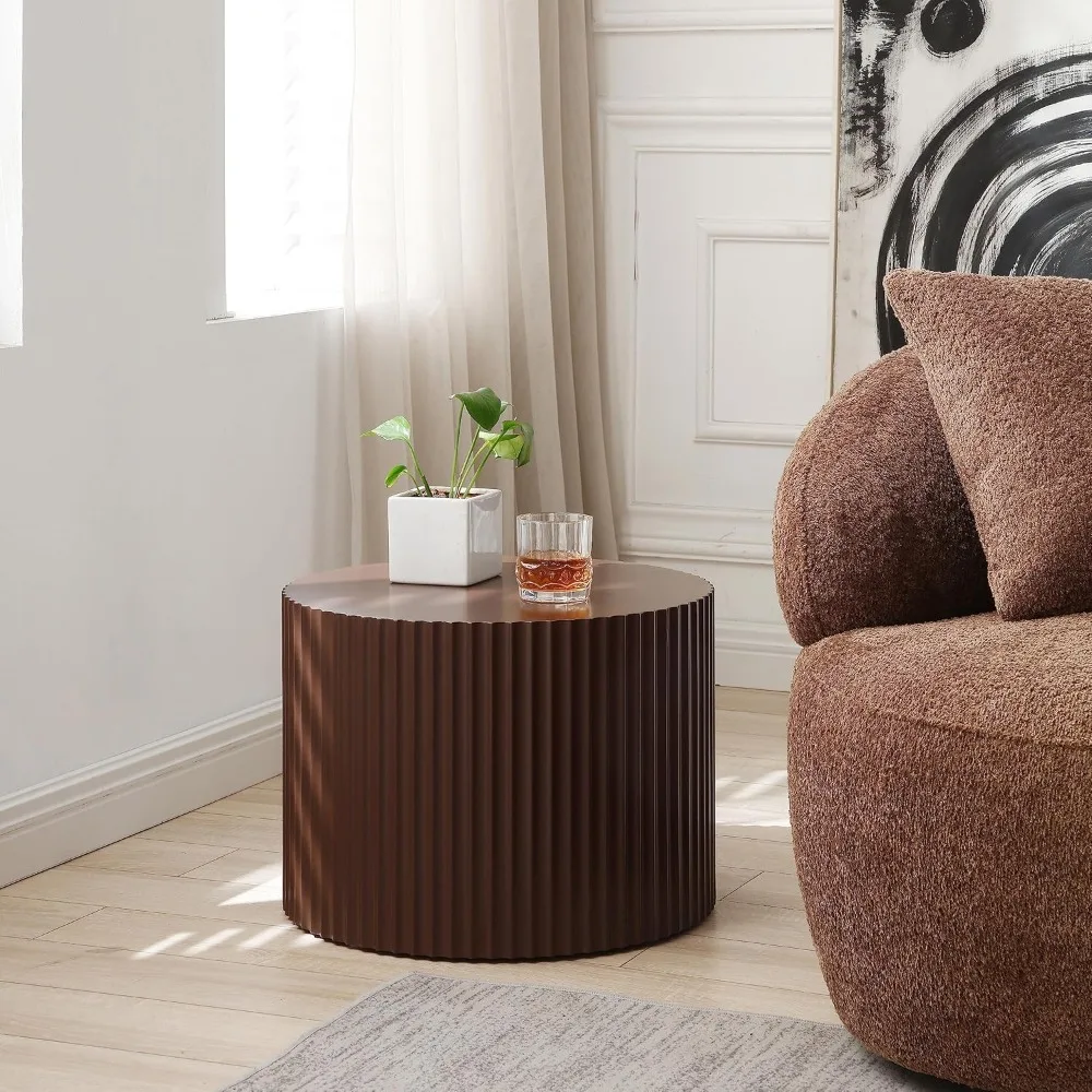 طاولات القهوة المتداخلة المعاصرة، زوج من الطاولات الجانبية الخشبية المستديرة لغرف المعيشة المدمجة - بني #5