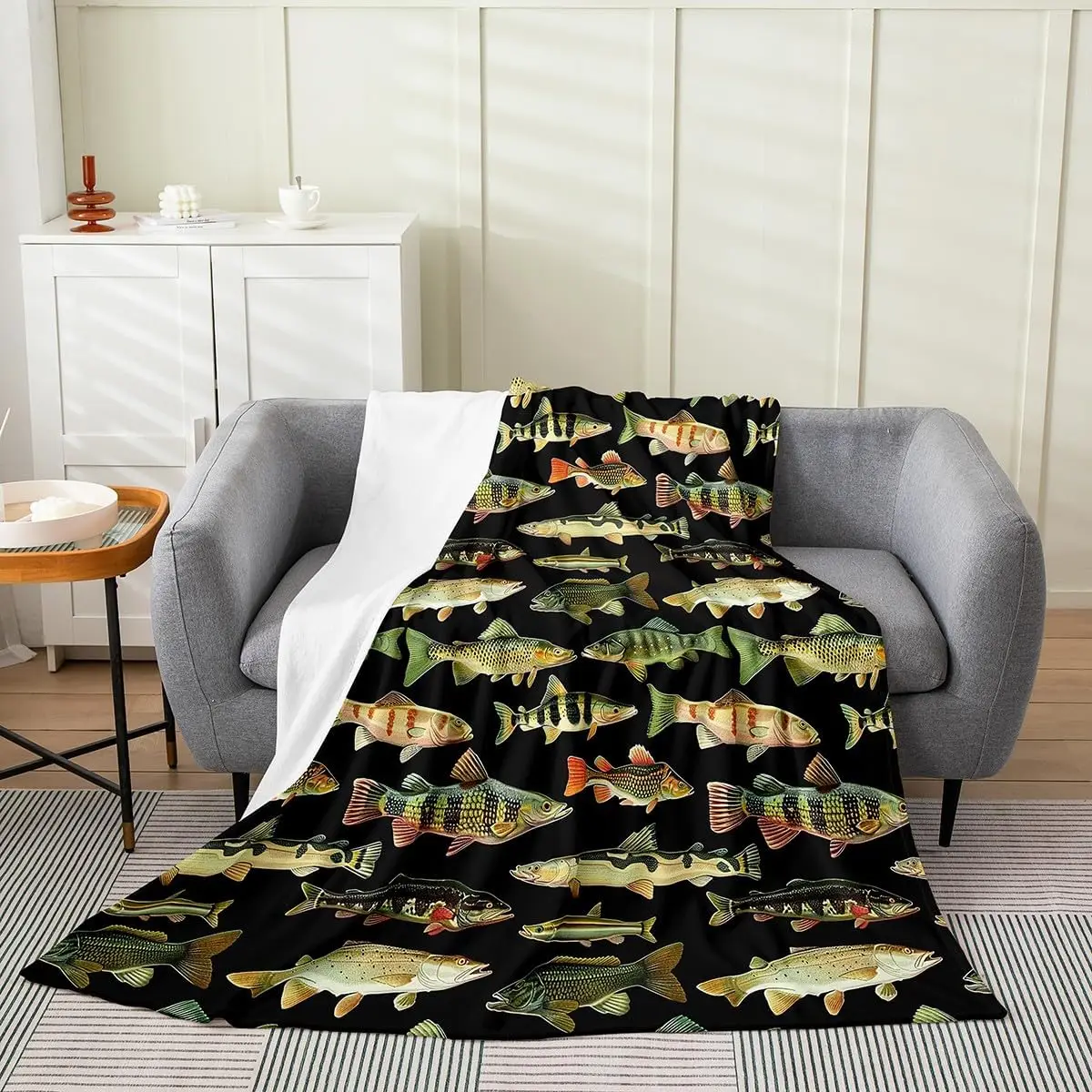 Retro Wild River Trout Bass Fish Species Graphic Print Flannel Blanket Cozy Lightweight Cover For Living Room Couch Household