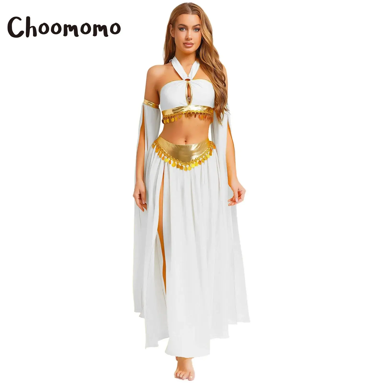 

Women Halloween Cleopatra Cosplay Costume Ancient Rome Egyptian Halter Crop Top with Split Chiffon Skirt Sleeves Belly Dance Set
