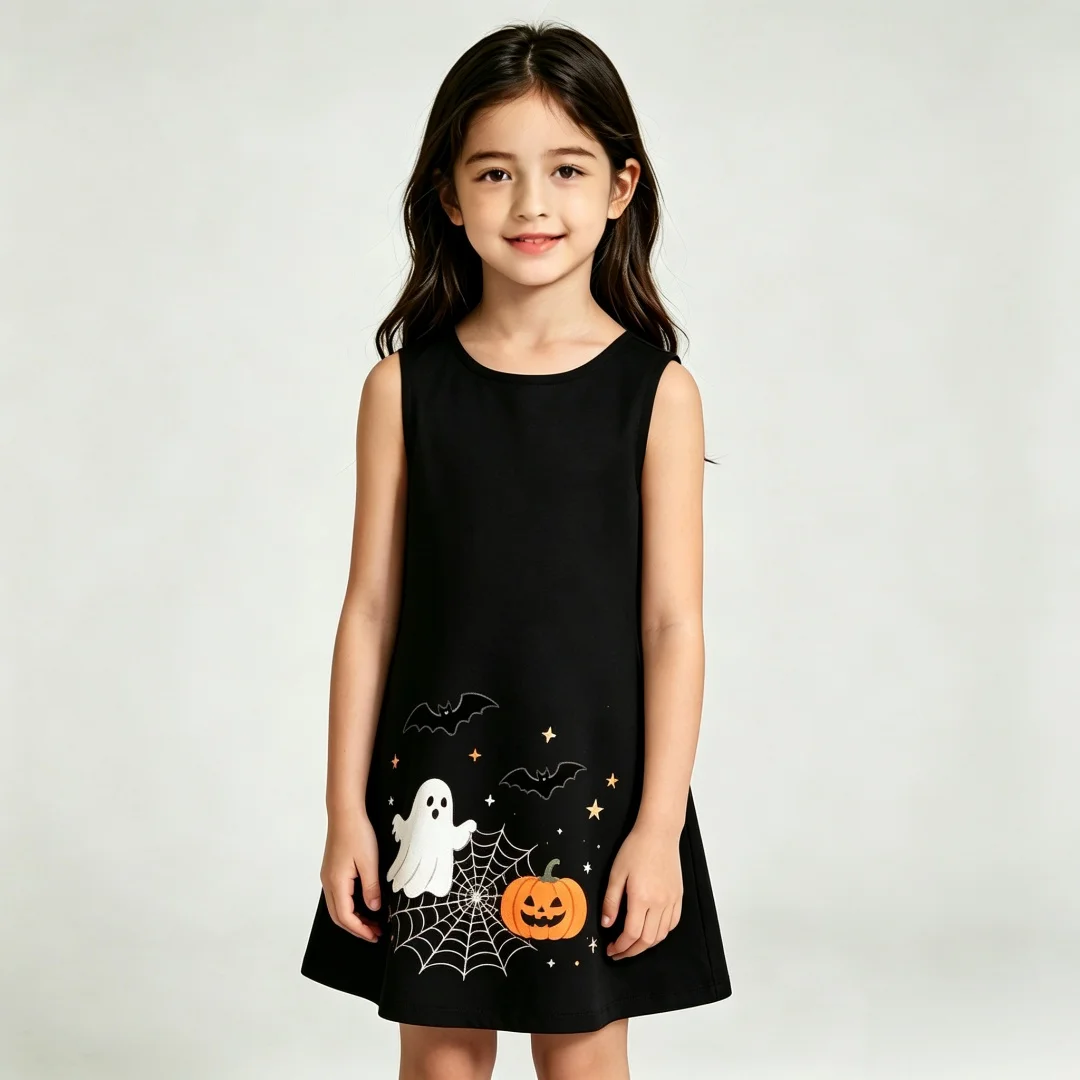 Girls 2026 Summer Sleeveless ALine Dress Halloween Pumpkin Ghost Bat Spider Web Print Casual Outfit for Holiday Party Daily Wear