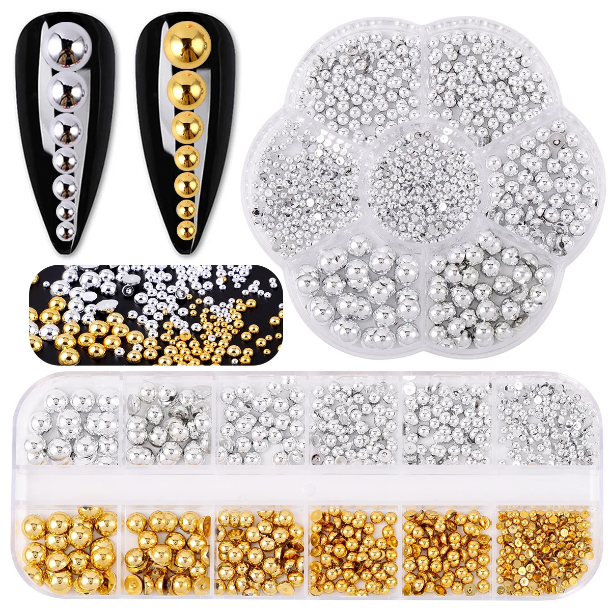 12Grid/box Gold Silver Half Round Caviar Bead Nail Charms 2/3/4/5/6mm Flatback Round Steel Nail Bead Micro Ball Manicure Bead