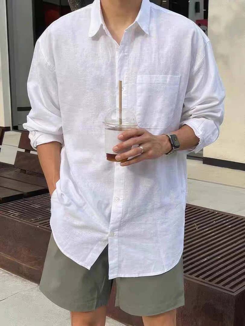 

Мужская рубашка свободного кроя из льна и хлопка, белая, с длинным рукавом, драпировкой, защитой от УФ-излучения, дышащая, немнущаяся, для работы