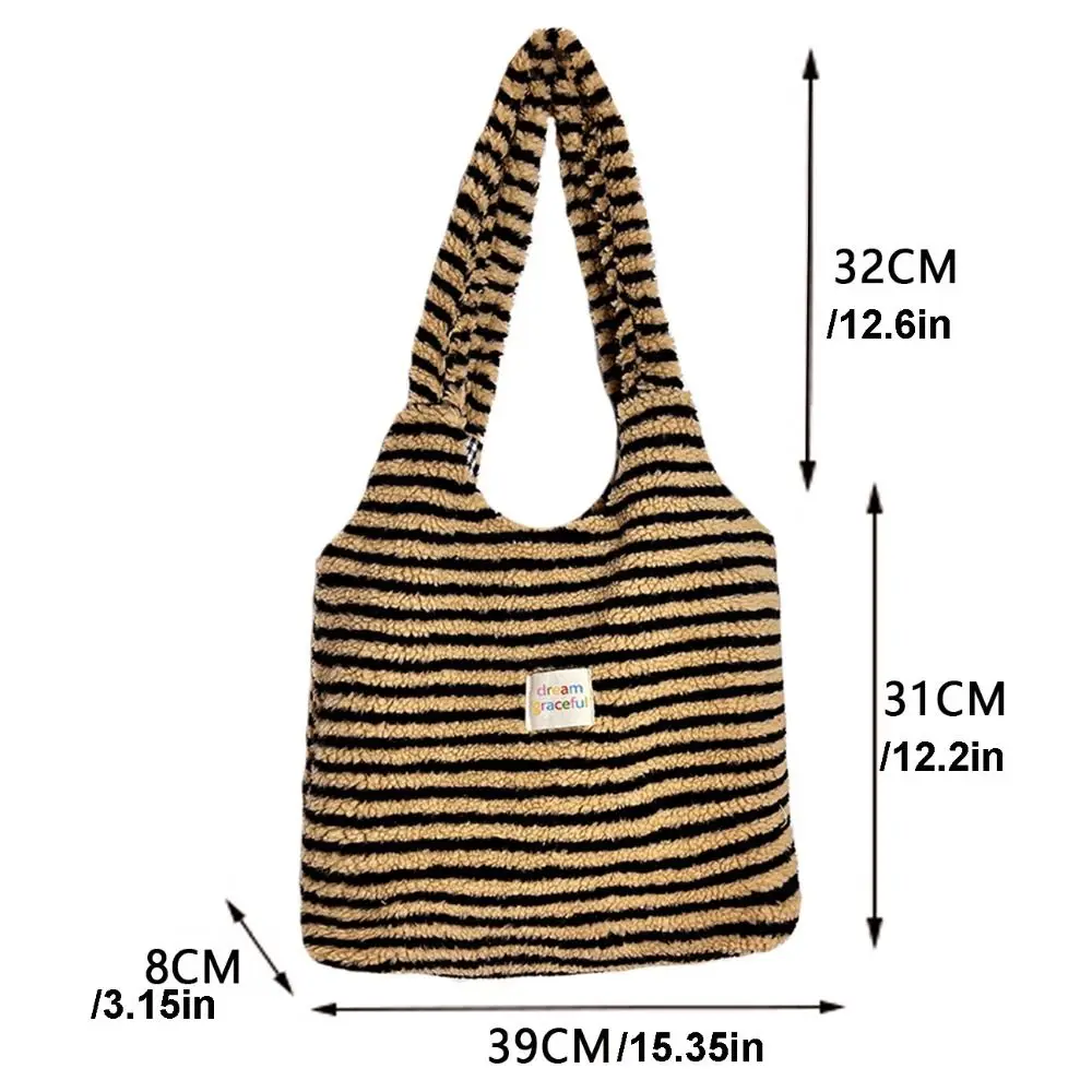 Color Blocking Stripe Plush Handbag Mommy Bag Shopping Bag Large Capacity Tote Bag Storage Bag Underarm Bag Shoulder Bag Outdoor