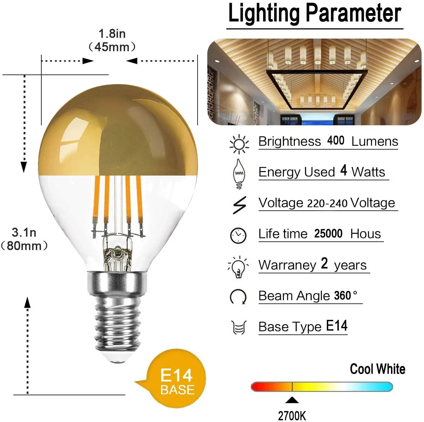 6PCS Golden LED filament light E14/E12 4W 110V 220V dimmer G45 bubble globe light bulb ed gold top mirror warm white light