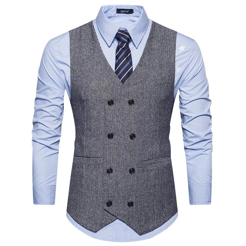 #4817 Office Vests Men Double Breasted Vintage Business Men\'s Vest Regular Fit Office Vests Pockets Dress Vests For Men V-neck