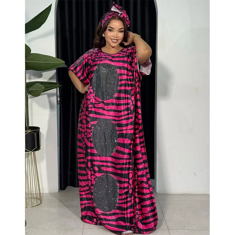 Plus Size African Striped Abaya Women Rhinestone Embellished Kaftan Slimming Print Muslim Dress Loose Maxi Robe Eid Wedding Gown