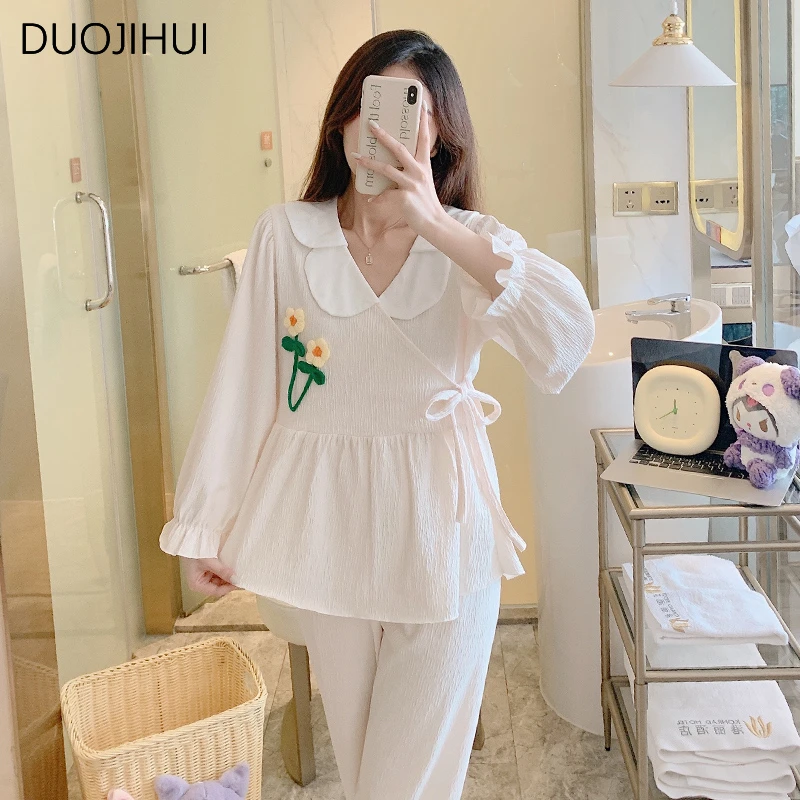 DUOJIHUI Ins Two Piece Chic Floral Embroidery Female Pajamas Sets Sweet Cardigan Basic Pant Simple Casual Home Pajamas for Women