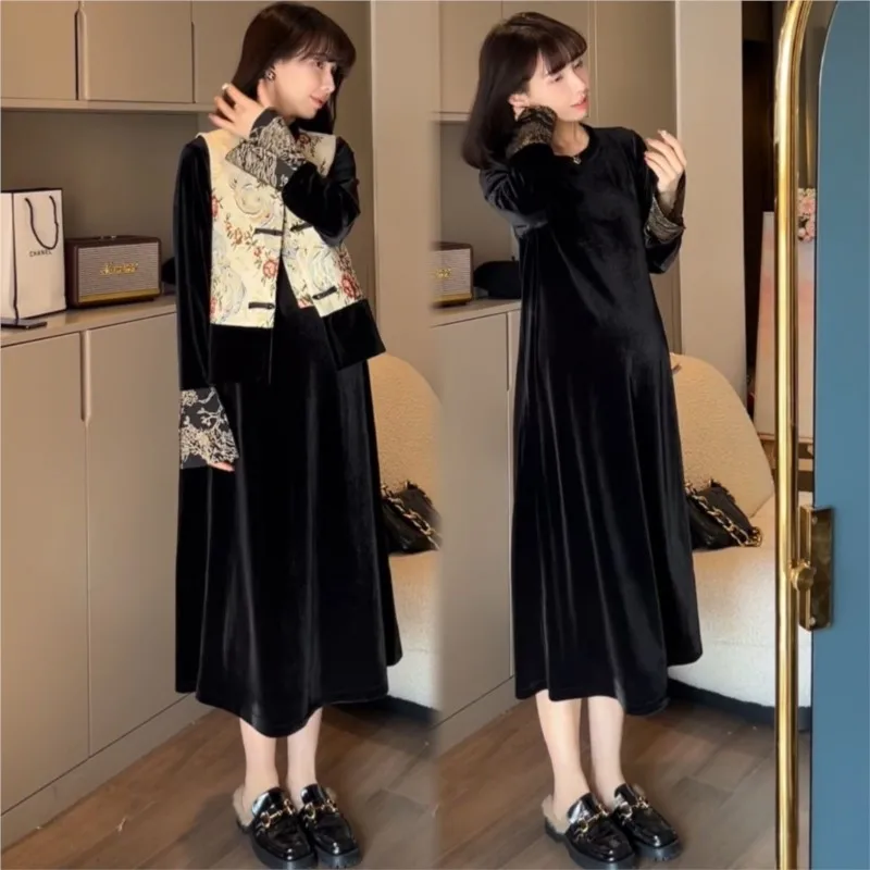 

2025 Pregnant Women's Spring New Medium to Long Dress Buckle Vest Maternity Chinese Embroidery Top Vesr Dress 2-piece Set LI207