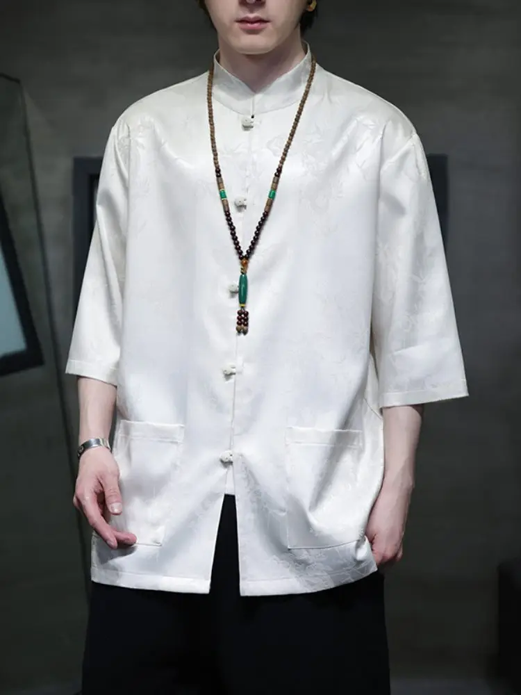 

Мужская летняя тонкая рубашка из ледяного шелка с коротким рукавом, в стиле ретро, свободного кроя, с воротником-стойкой, на пуговицах, в китайском стиле Тан Ханьфу, новинка