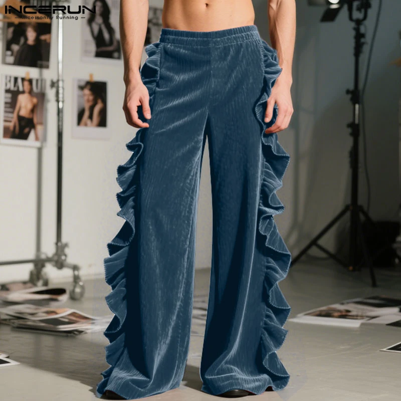 INCERUN الرجال السراويل بلون القطيفة مرونة الخصر ركض السراويل الرجال كشكش الشارع الشهير فضفاض موضة السراويل الطويلة غير رسمية S-5XL