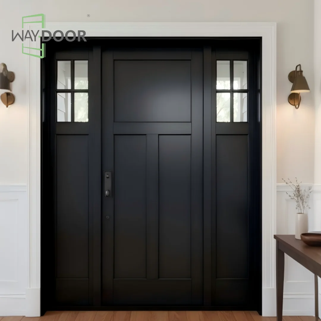 Certification Finished Oak Mahogany Wooden Entrance Single Pivot Door With 2 Glass Sidelights Soundproof Solid Wood Front Door
