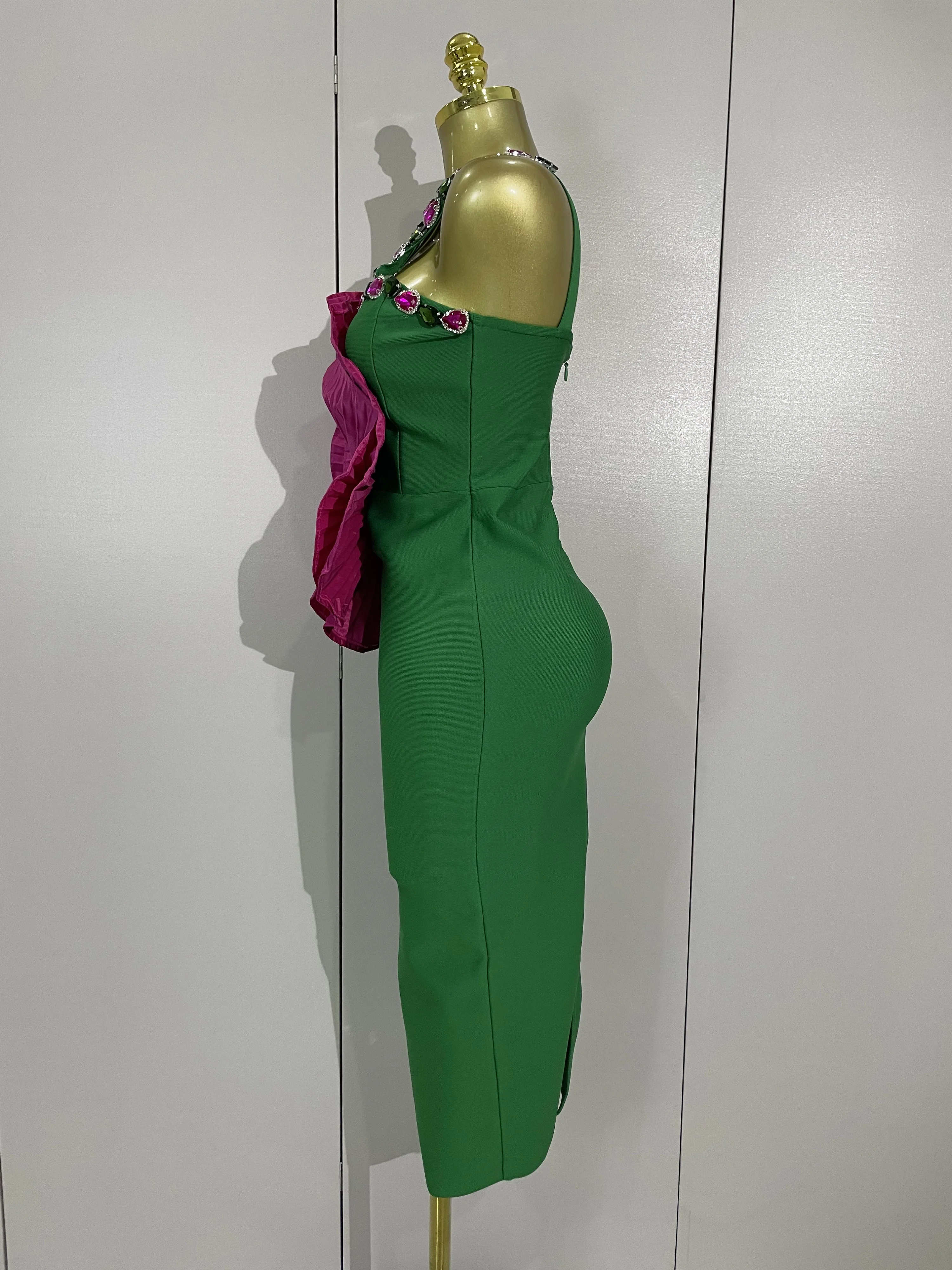 女性用キラキラクリスタルセクシーワンショルダービッグローズレッドフローラルグリーンボディコンバンデージドレスエレガントセレブリティパーティーカクテルドレス