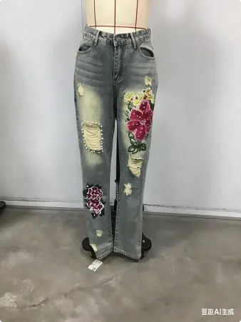 

Fashion American Retro Floral Embroidery Jeans Woman High Street Denim Pants Straight Trousers Streetwear Female Loose Jeans