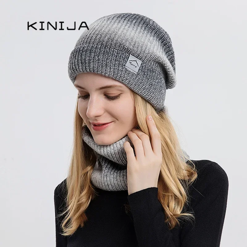 

Women Winter Hat Gradient Striped Ski Hat Neck Warmer Female Tie Dye Beanie Russia Outdoor Thicken Plush Hat+Scarf Set