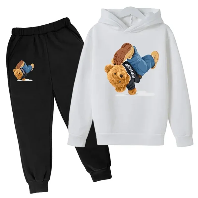 Kids Spring/Autumn/Winter Hoodie+Pants 2pcs Sets 3-14T Children\'s Street Dance Cartoon Bear Print Boys Girls Childre Tracksuits