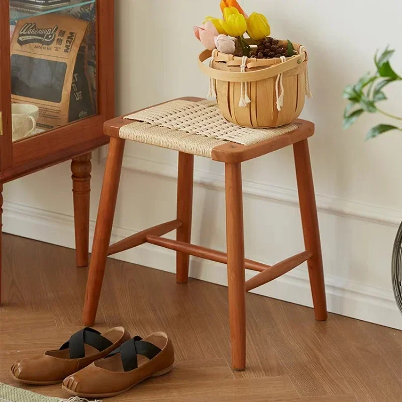 Nordic Solid Wood Dressing Makeup Stool Cherry Wood Log Rope Knitted Simple Household Japanese Shoe Changing Square Seat