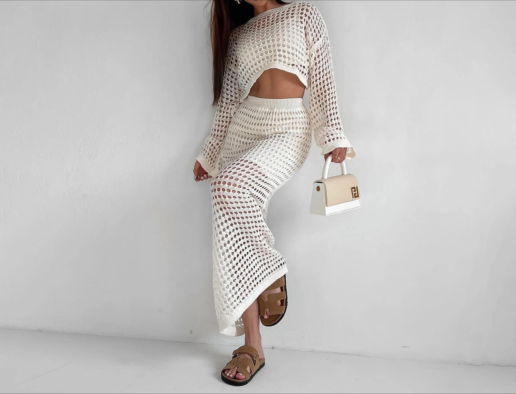 

2025 New Women Outfit Salt Style Mature Knit Hollow Out Long Skirt Two Piece Set