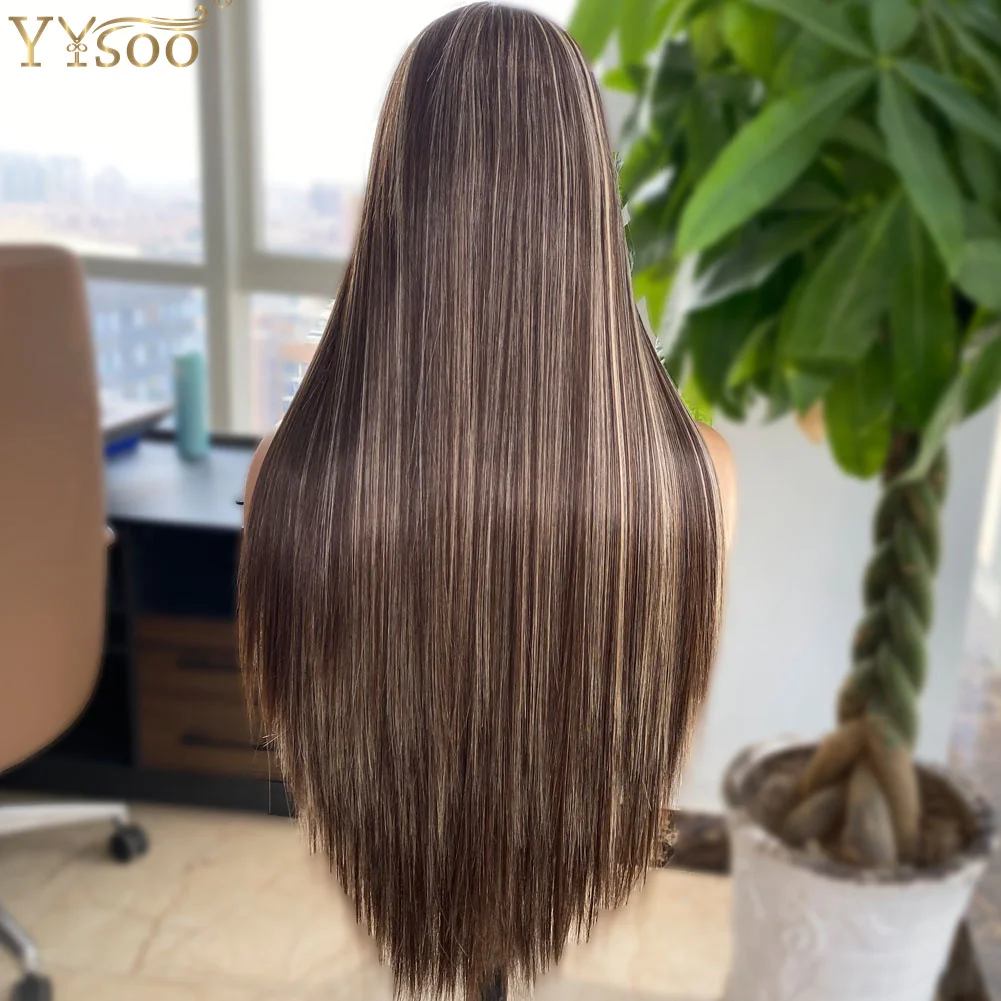 YYsoo ยาวไฮไลท์13X4 Futura Synthetic Lace ด้านหน้า Wigs สำหรับผู้หญิงสีดำตรง Glueless มือครึ่งผูกวิกผมทุกวัน