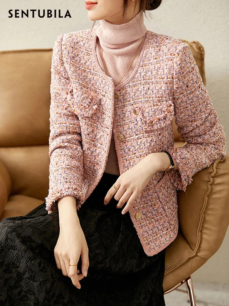 SENTUBILA  Textured Tweed Jacket For Women 2026 Round Neck Single Breasted Patch Pockets Elegant Chic Winter Coats 153WA3218X