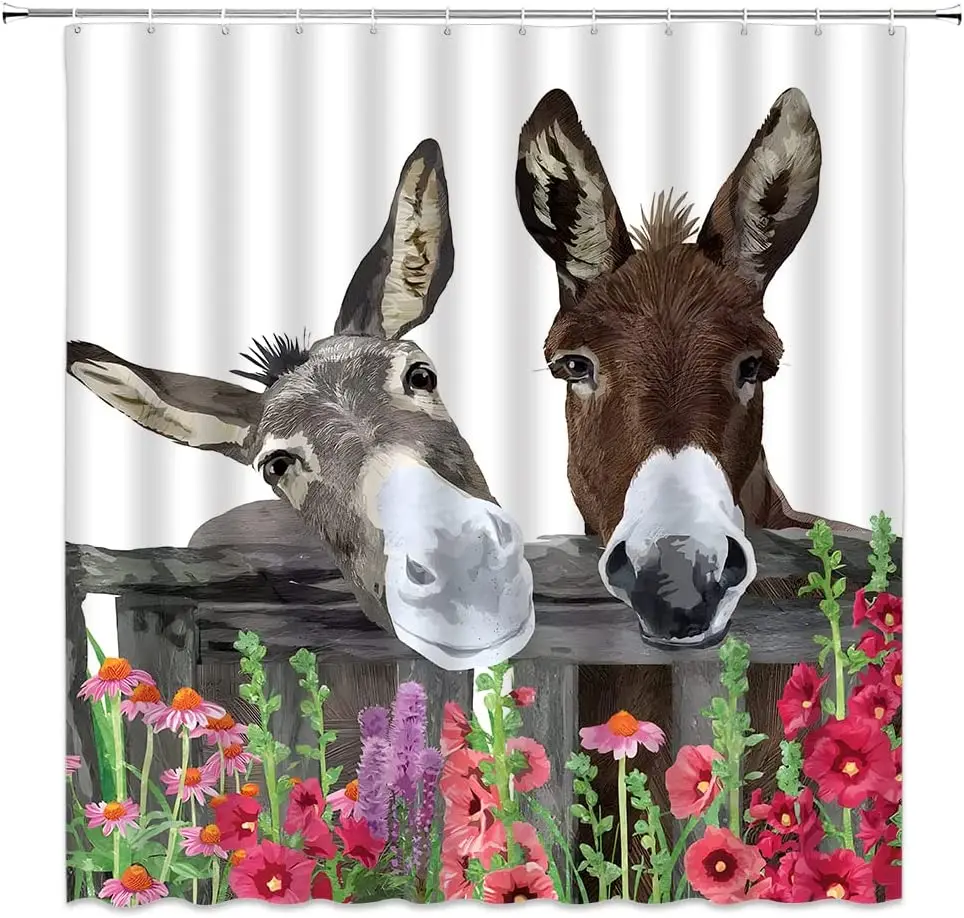 Funny Donkey Floral Shower Curtain Farm Animals Rustic Wood Board Farmhouse Country Barn Door Rural Bathroom Curtain with Hooks