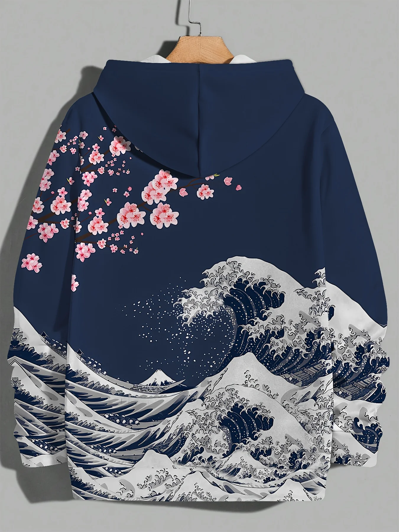 Artistic Print Men's Autumn Spring Clothing, Hooded Casual Sports Sweatshirt with Japanese Wave Cherry Blossom Print