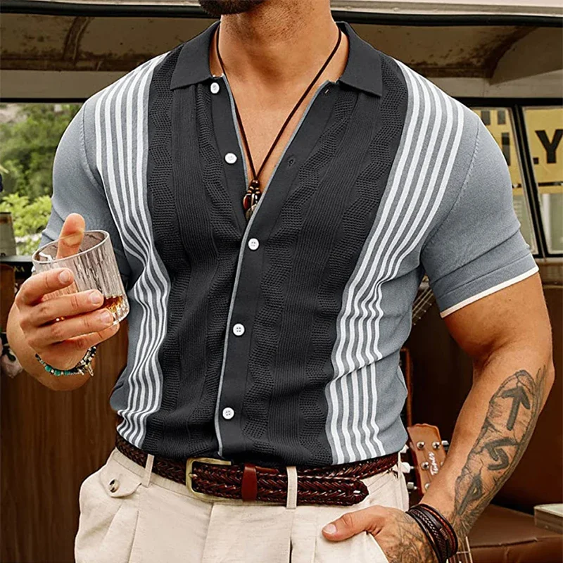 Summer Casual Slim Knitted Ice Silk Shirt Men Fashion Patchwork Striped Knit Shirts Vintage Buttoned Lapel Mens Knitting Shirts