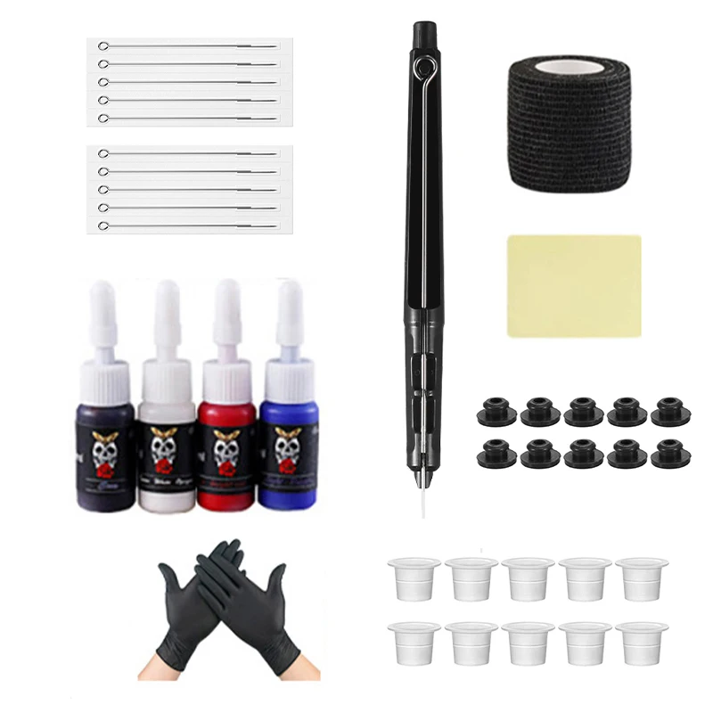 1 Set Hand Poke Pen and Stick Tool Tattoo Needle Holder Tattoo Ink Cup Pigment Glover Bandage Kit Beginners Practice Pen