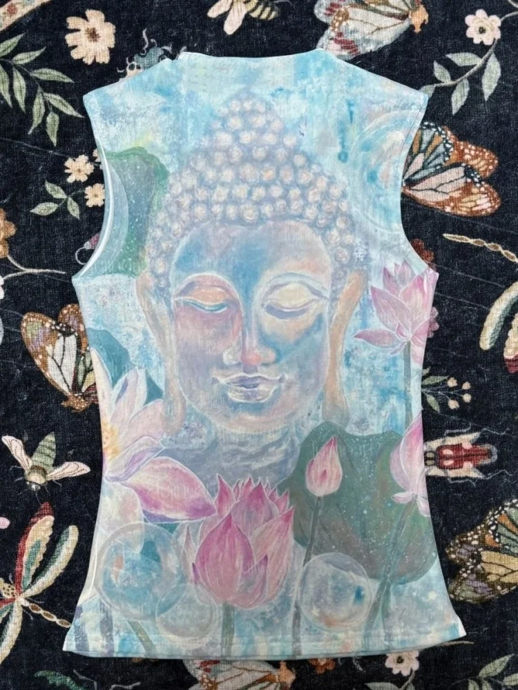 Vintage Design 2000s Buddha Lotus Flower Print Boho Sleeveless Tank Tops Women Clothes Summer Grunge Y2k Aesthetic Gyaru Vest