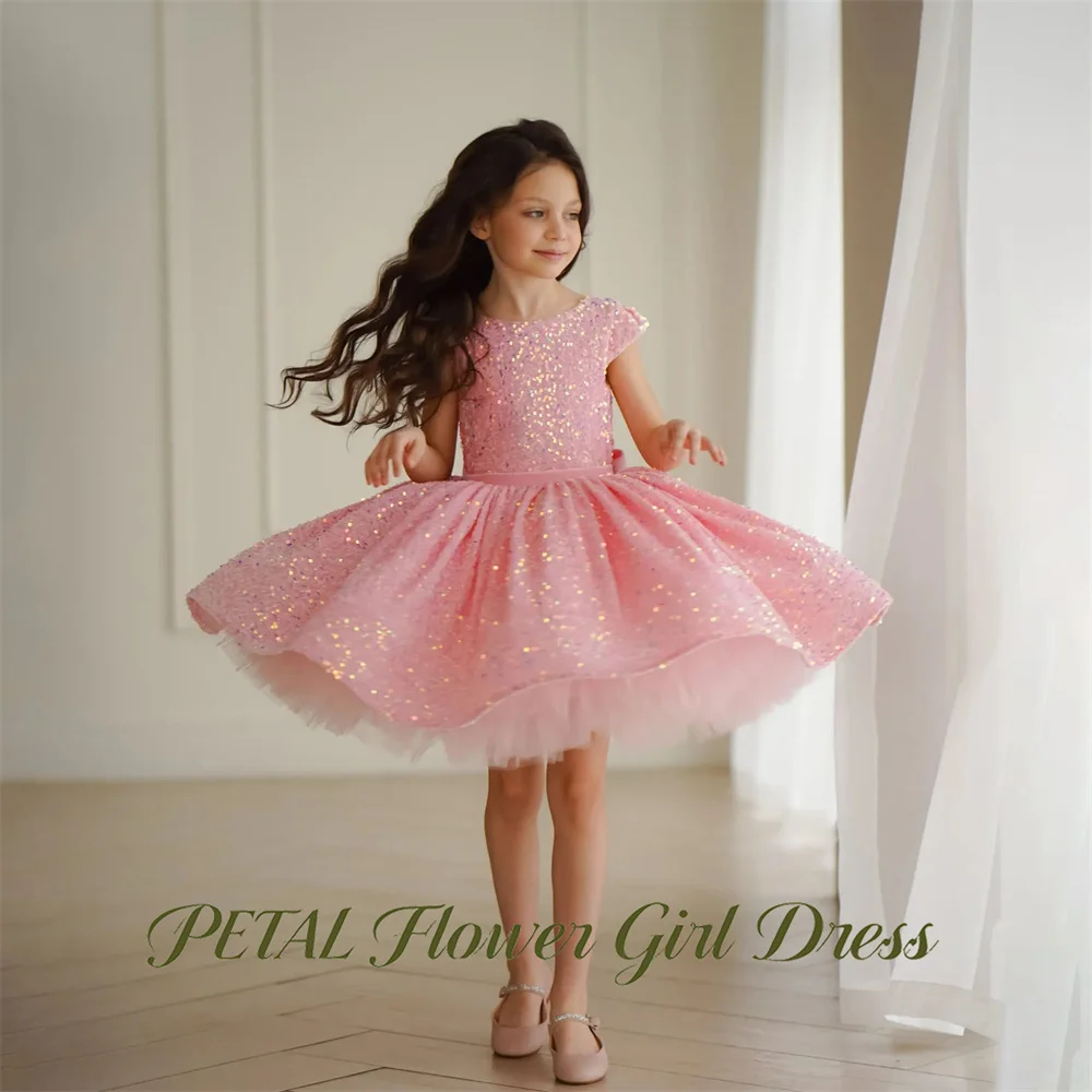 

Petal Sparkle Pink Princess Girls Dress Round Neck Ball Gown Party Tutu Dresses Short Sleeve Tutu Fluffy Prom Gown Customized