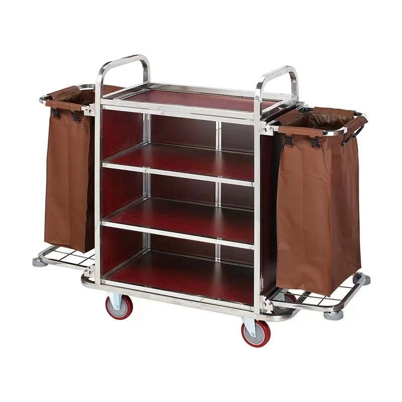 2025Hotel Plastic Maid Cleaning Housekeeping Trolley with Two Durable Bags Hotel Laundry Cart