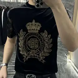 2023 European New Men's Luxury Short Sleeve T-shirt Fashion Hot Diamond Personalized Flower Casual Round Neck Slim Fit T-shirt