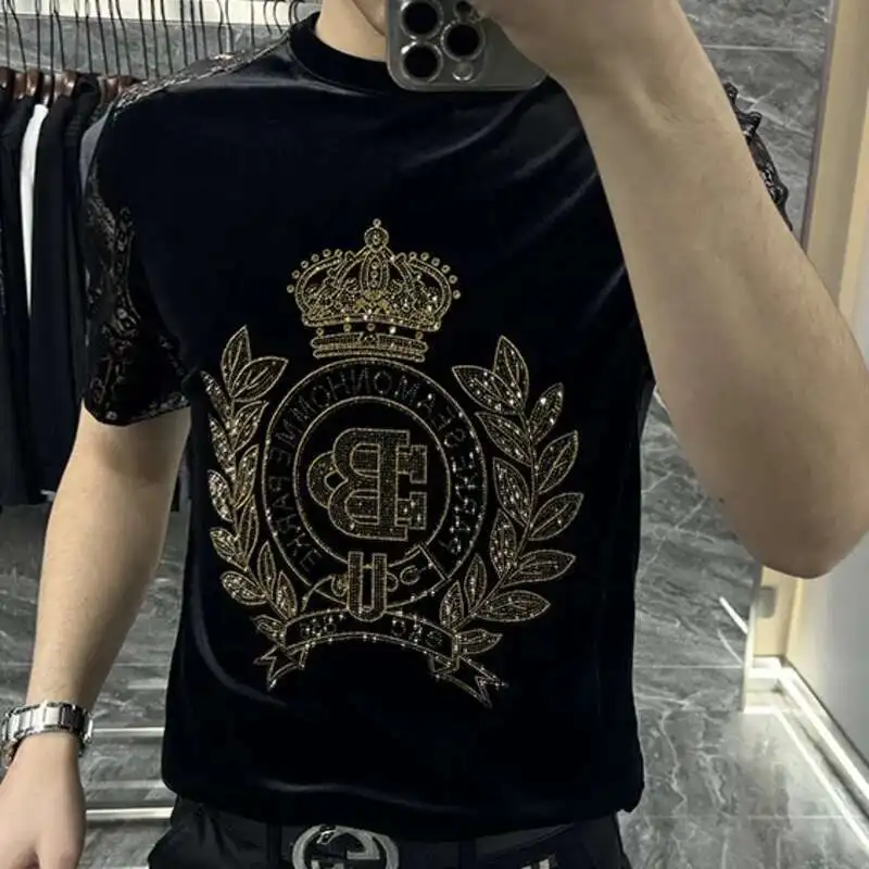 2023 European New Men's Luxury Short Sleeve T-shirt Fashion Hot Diamond Personalized Flower Casual Round Neck Slim Fit T-shirt