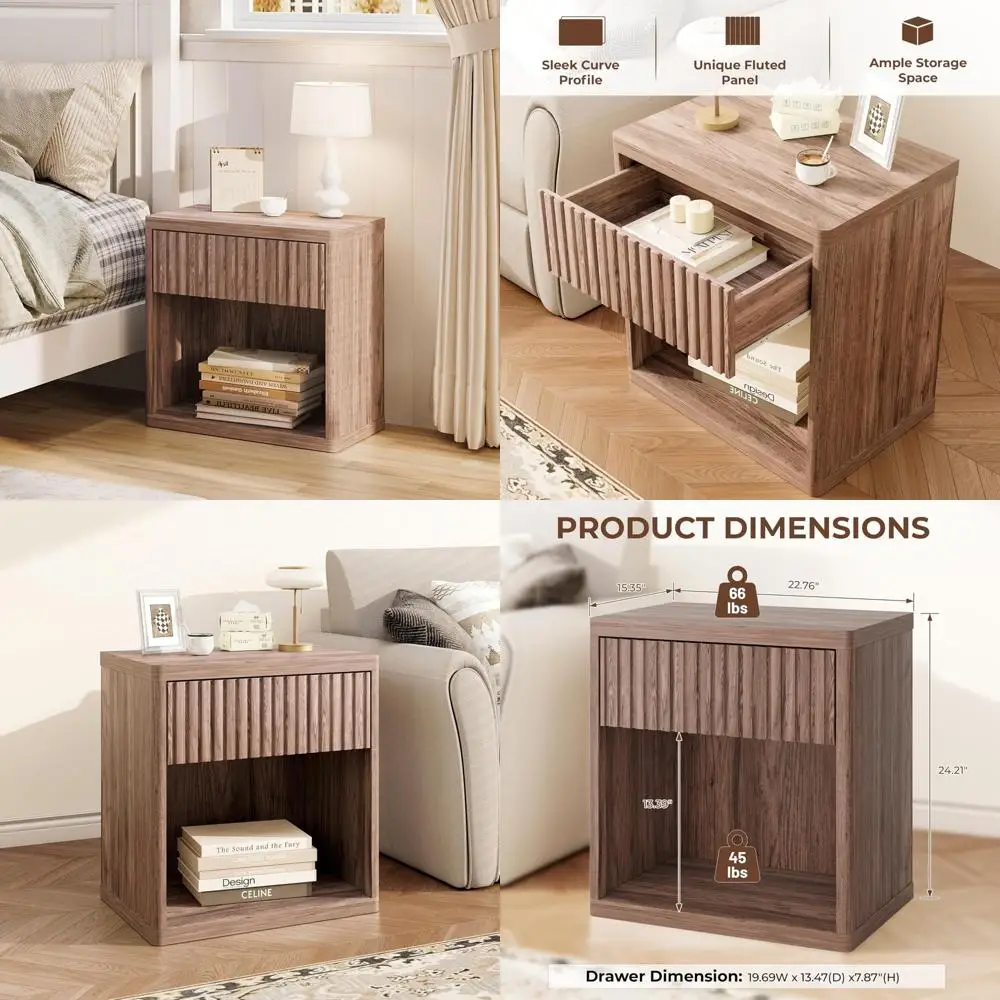 

large modern fluted side table with drawer storage, 22.76" wide for bedroom