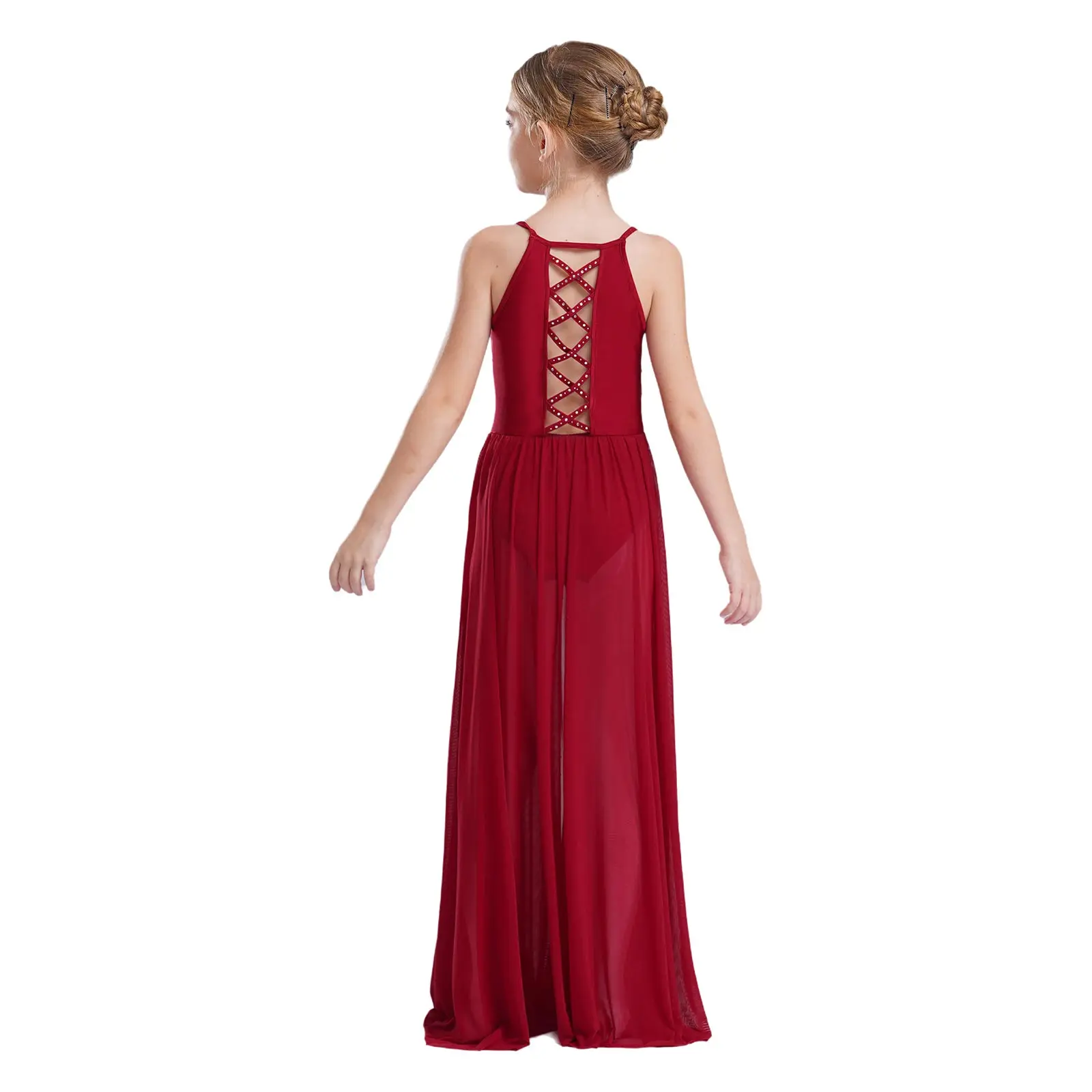 Kids Girls Modern Lyrical Dance Dress Crisscross Strappy Back Spaghetti Straps Split Flowy Mesh Overlay Dress Ballroom Dancewear